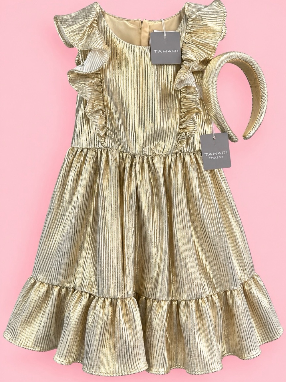 Tahari Girls Size 5 Metallic Gold Dress & Headband 2 Piece Set NWT